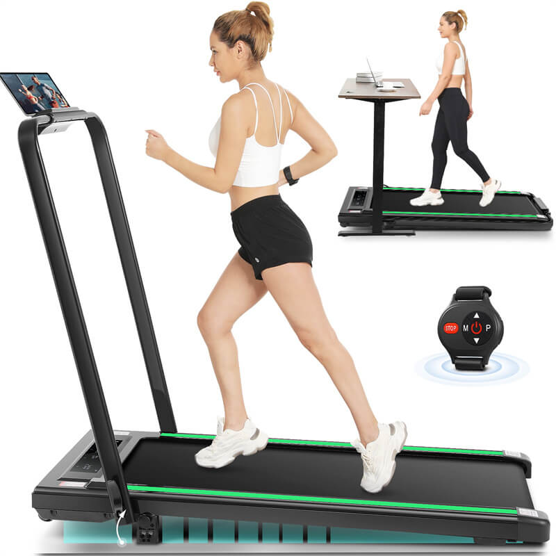 A girl is running on a green foldable 2-in-1 treadmill while watching TV