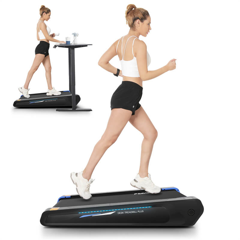 A girl runs on a blue super small under-desk treadmill, working