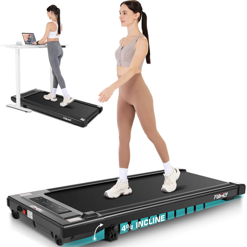 A girl controls the speed of a treadmill with a watch