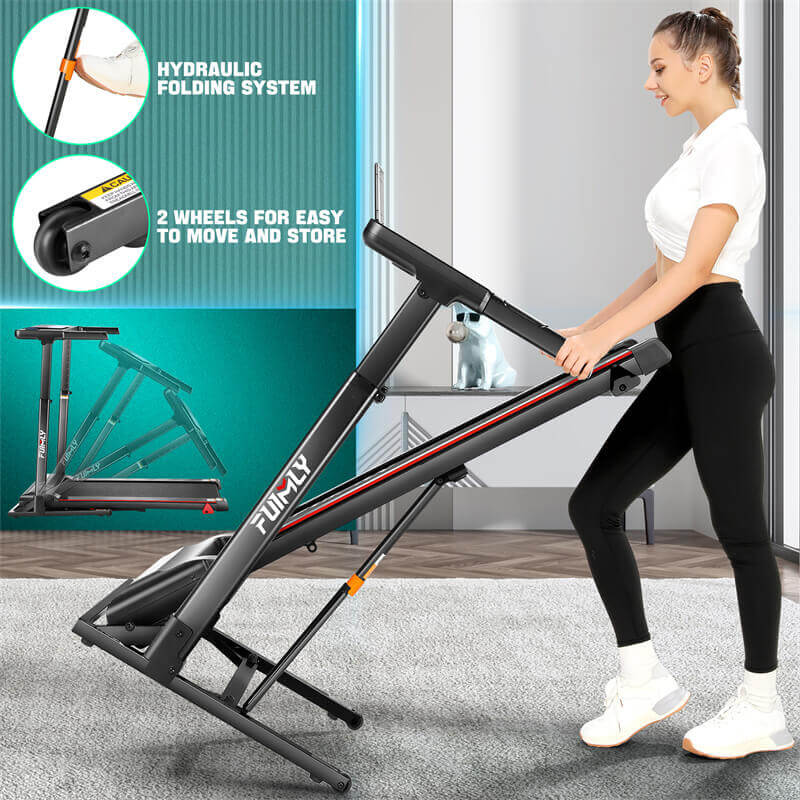 a foldable treadmill with 2 wheels