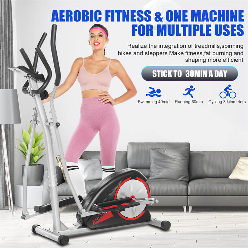 ANCHEER Machines elliptiques à usage domestique, machines d'entraînement elliptiques magnétiques avec poignées de fréquence cardiaque et moniteur LCD pour l'exercice de gymnastique à domicile, super silencieuses, faciles à déplacer et à ranger 