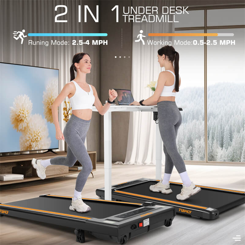 the speed of 2-in-1 under desk treadmill have 2 modes--runing mode: 2.5-4mph;working mode:0.5-2.5mph