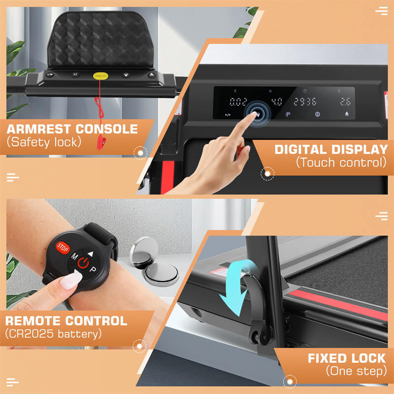 the treadmill detail includes a safety lock ,touch control , remote control ,fixed lock