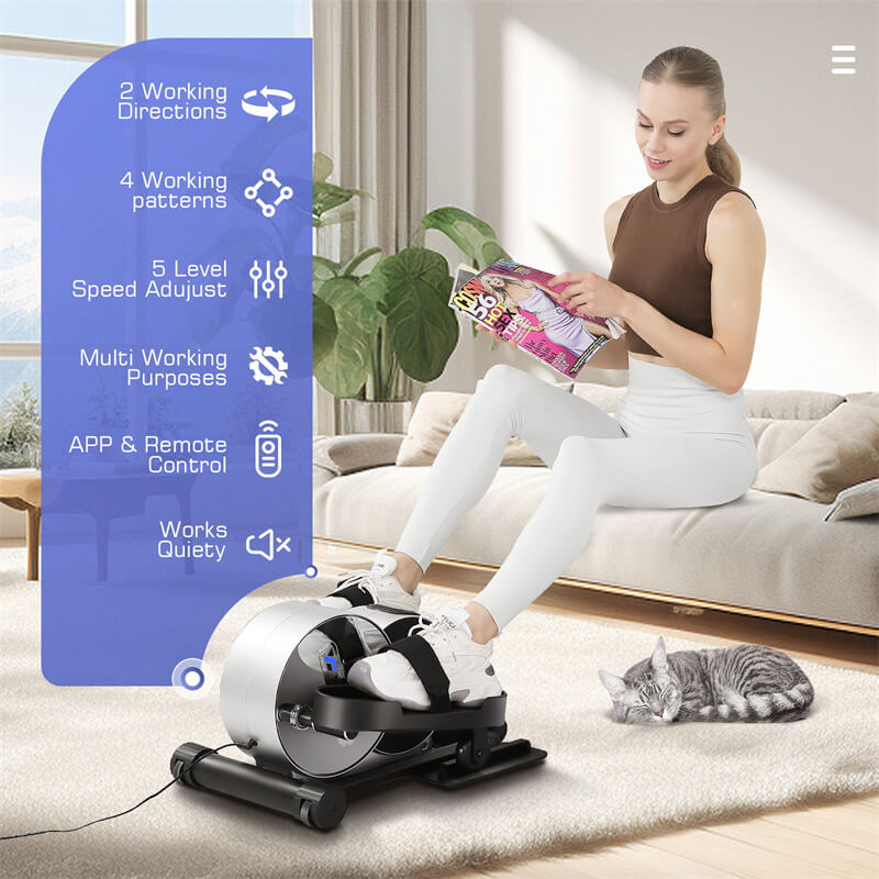 A girl is reading a book while exercising on an Desk elliptical machine