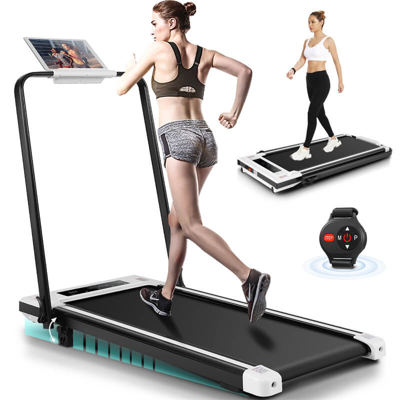 a girl run on a treadmill with remote control and folding handle 