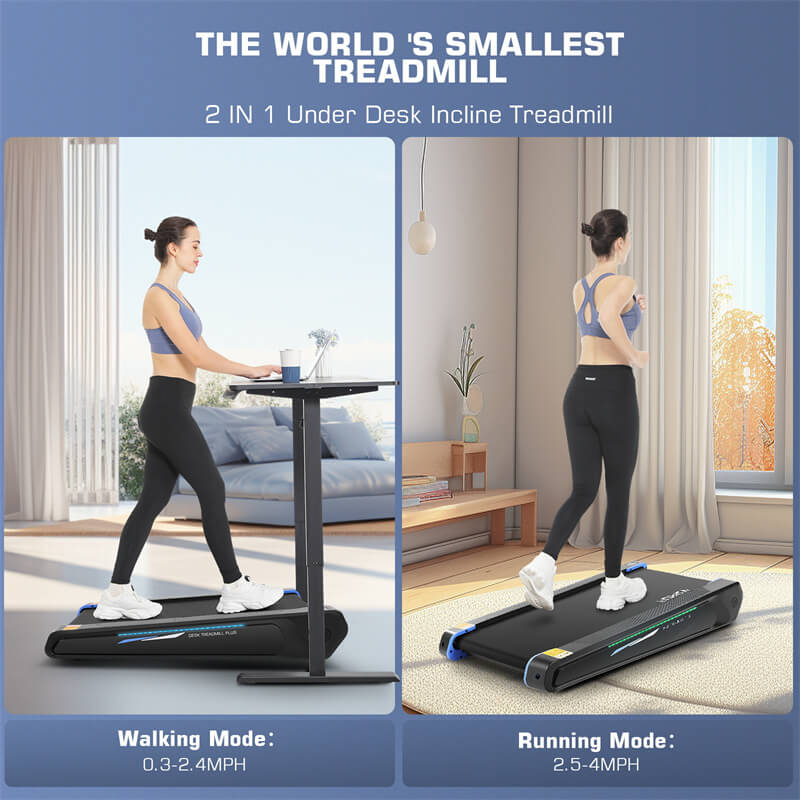 The 2-in-1 under desk incline treadmill has two modes, the walking mode is 0.3-2.4mph, and the running mode is 2.5-4mph