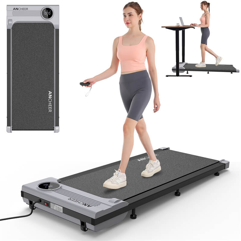 A girl running on a grey treadmill with remote control