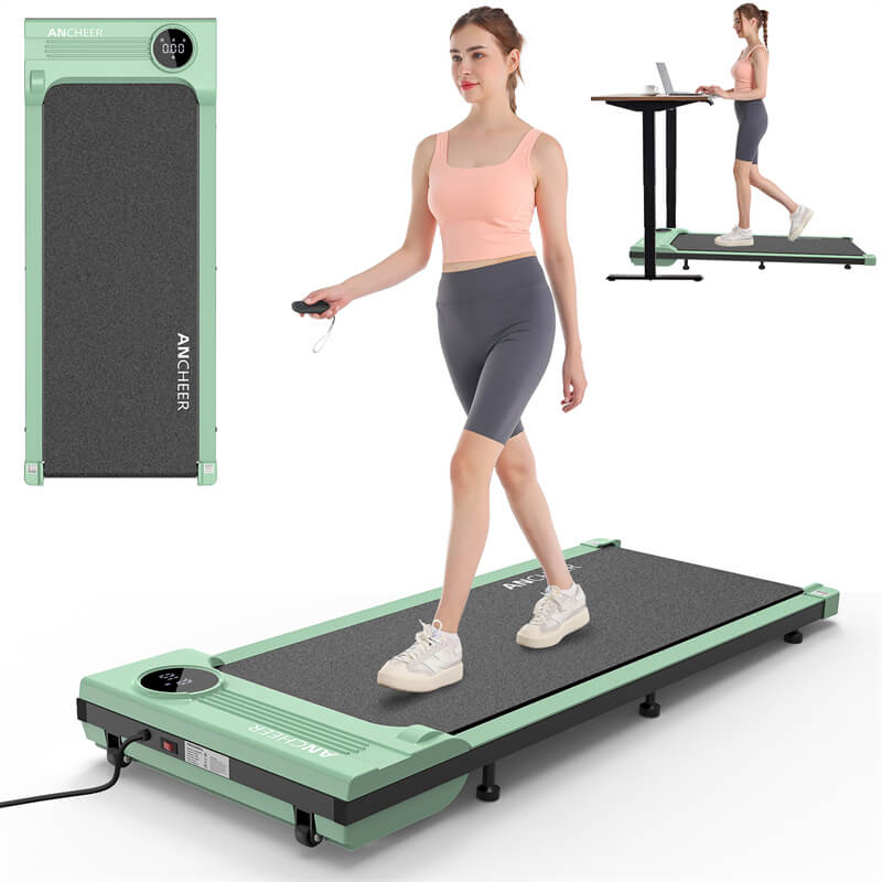 A girl running on a green treadmill