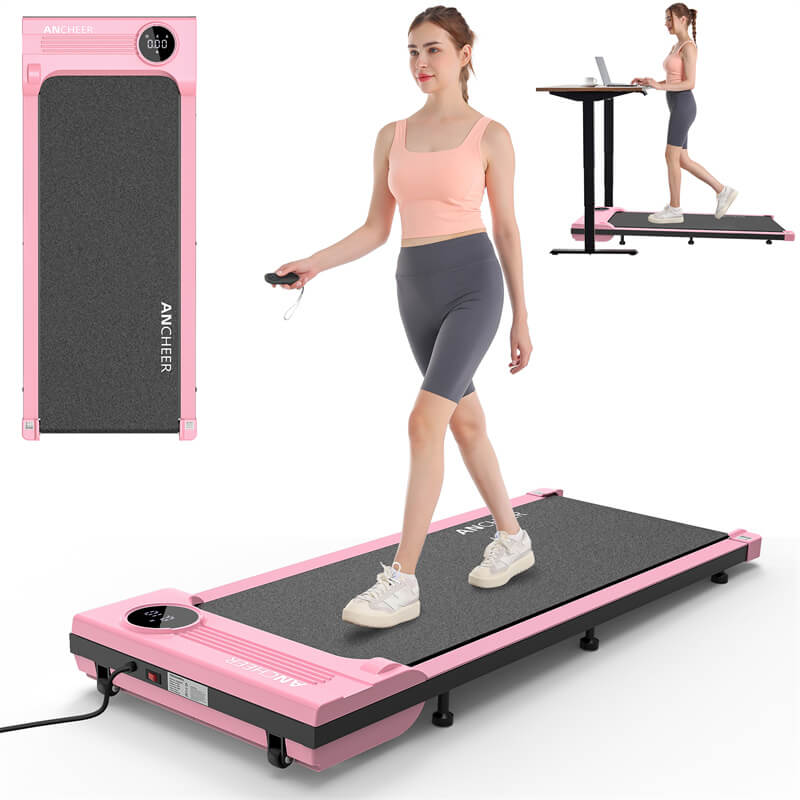 A girl running on a pink treadmill