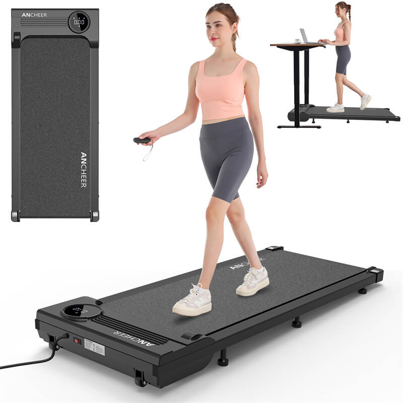 A girl running on a black treadmill with remote control