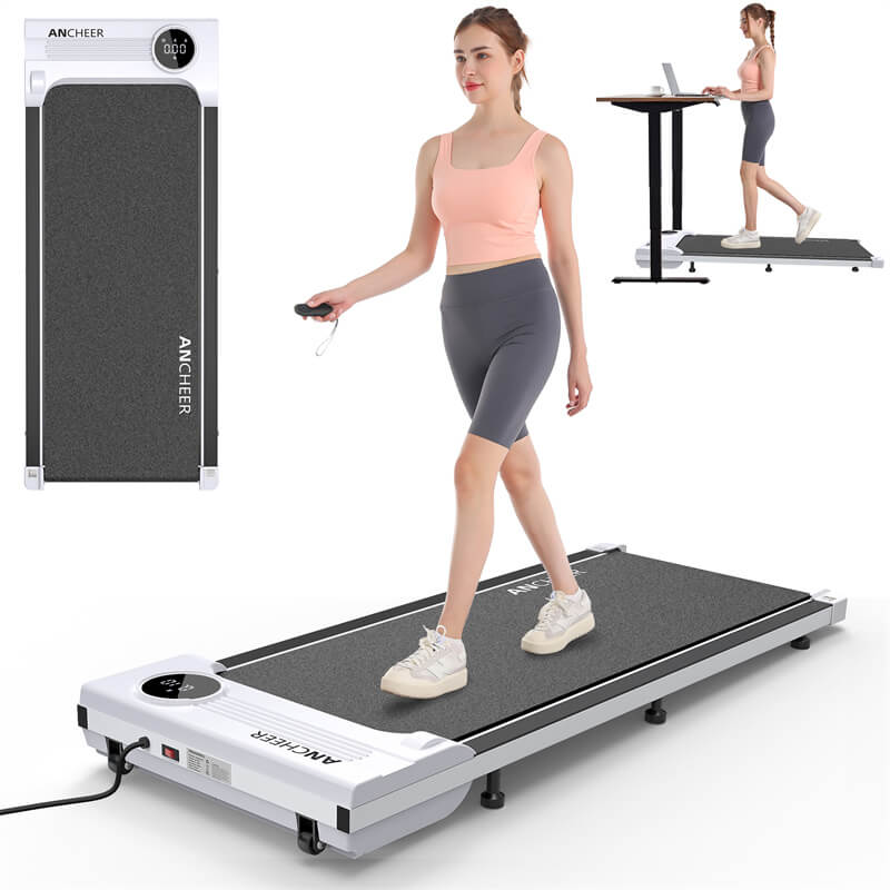 A girl running on a white treadmill with remote control