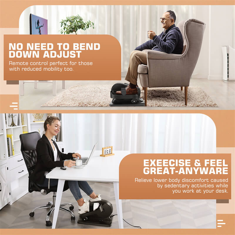 An elderly man uses an under-desk elliptical machine in his living room while a woman uses it in her office