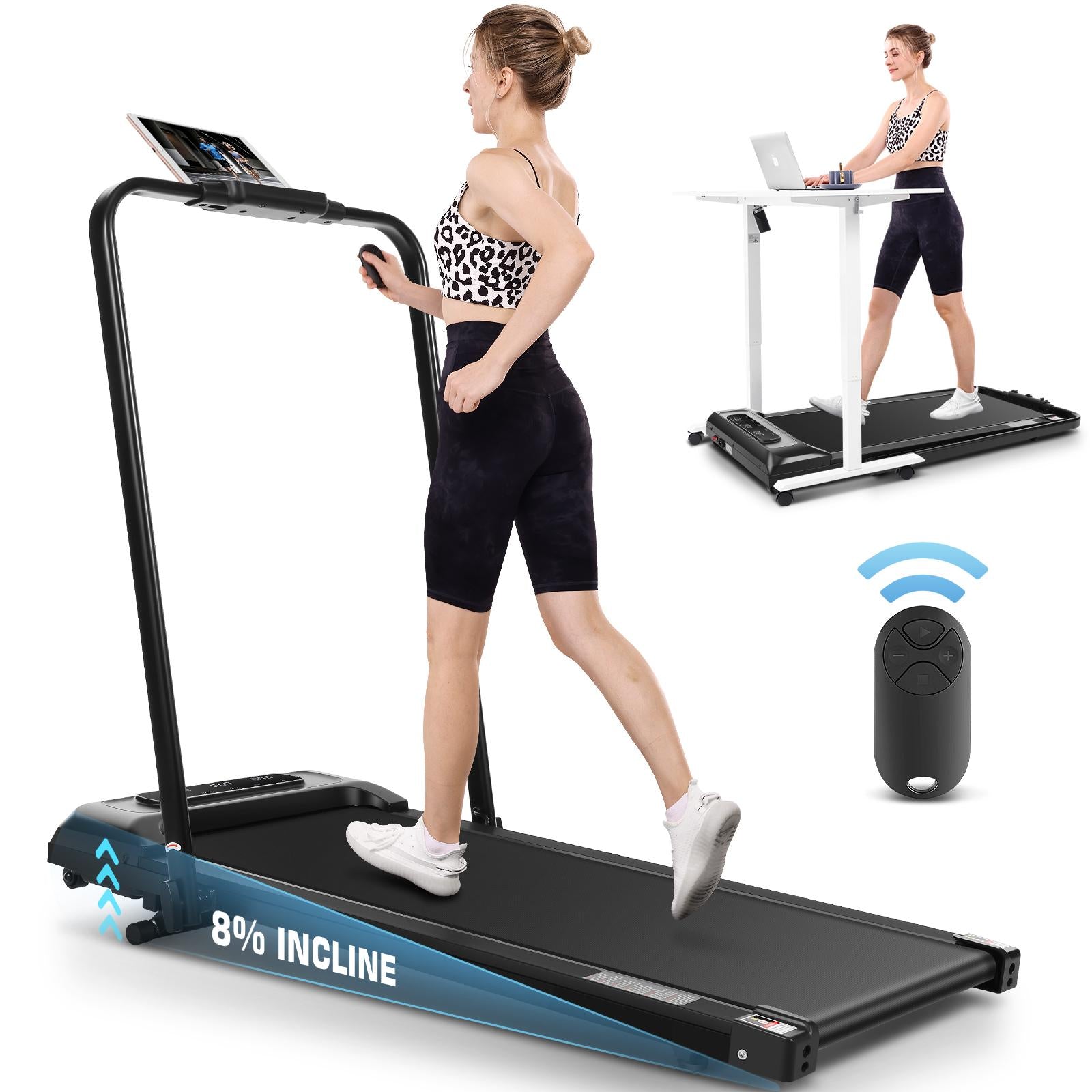 4-in-1 treadmill with Incline for Home/Office, 2S Folding under desk walking pad with LED Romtoe 300LBS