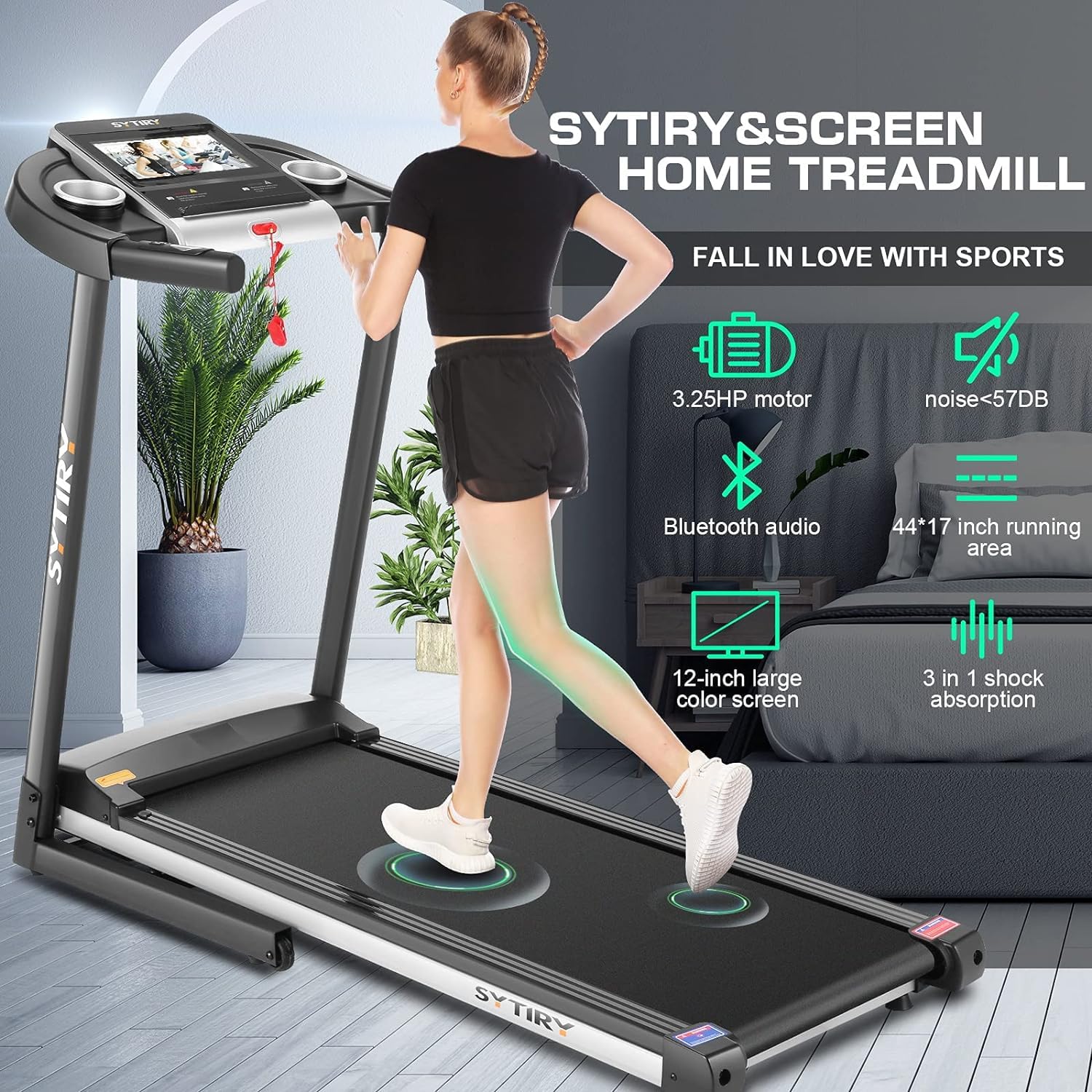 3.25HP Folding Incline Treadmill with Large 10" HD TV Touch