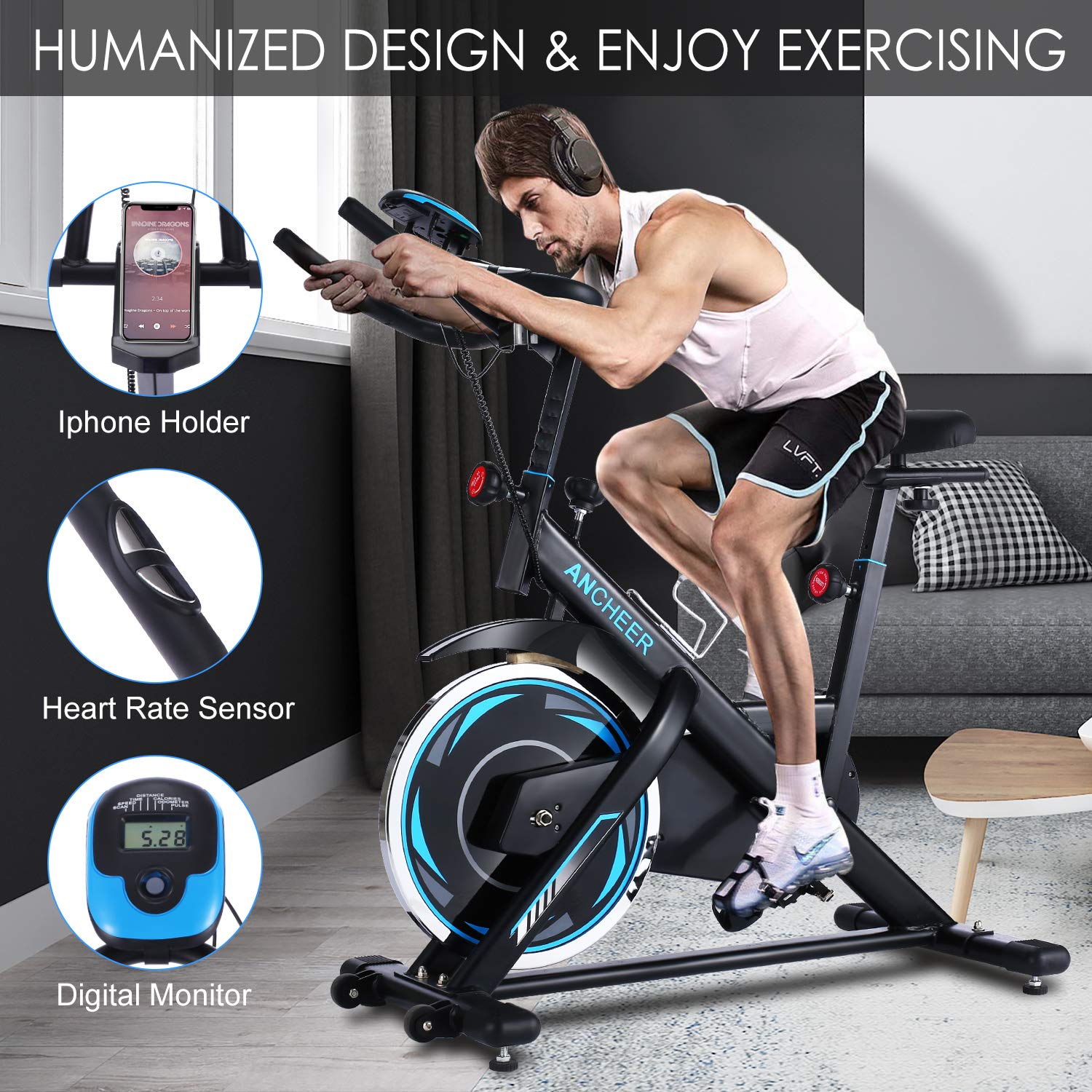 ANCHEER Exercise Bike, Indoor Cycling Bike with Seat Cushion, Holder and LCD Monitor for Home